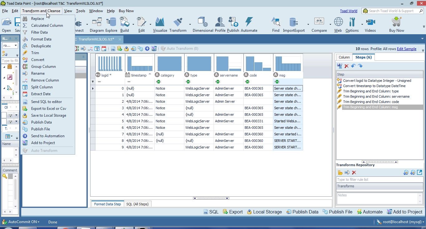 Figure 17. Transform and Cleanse dropdown