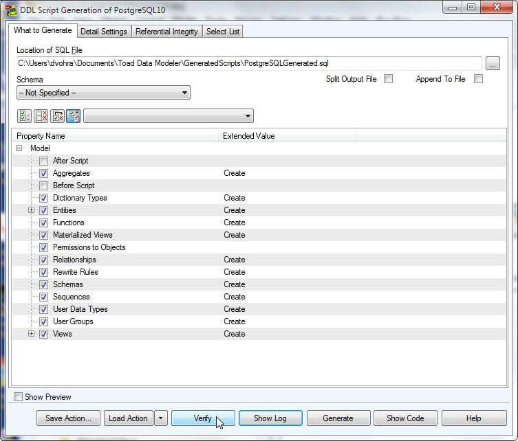 Figure 18. DDL Script Generation of PostgreSQL 10>Verify