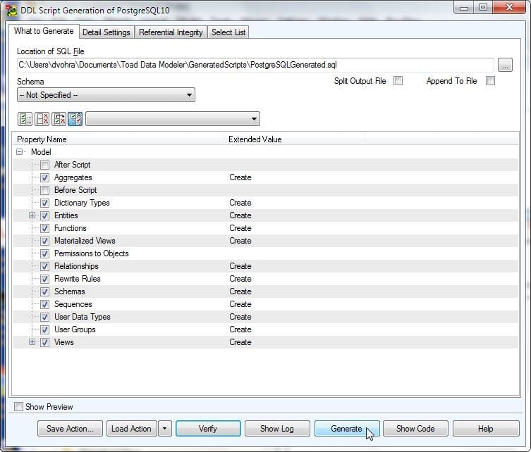 Figure 19. DDL Script Generation of PostgreSQL 10>Generate