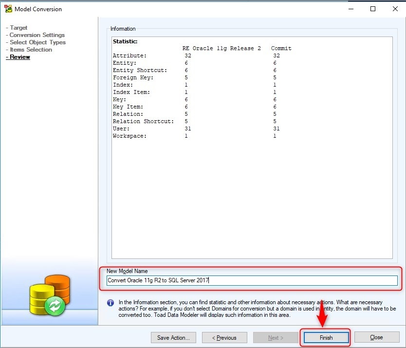 Figure 19. Review Window. Specify the new model name and click Finish.