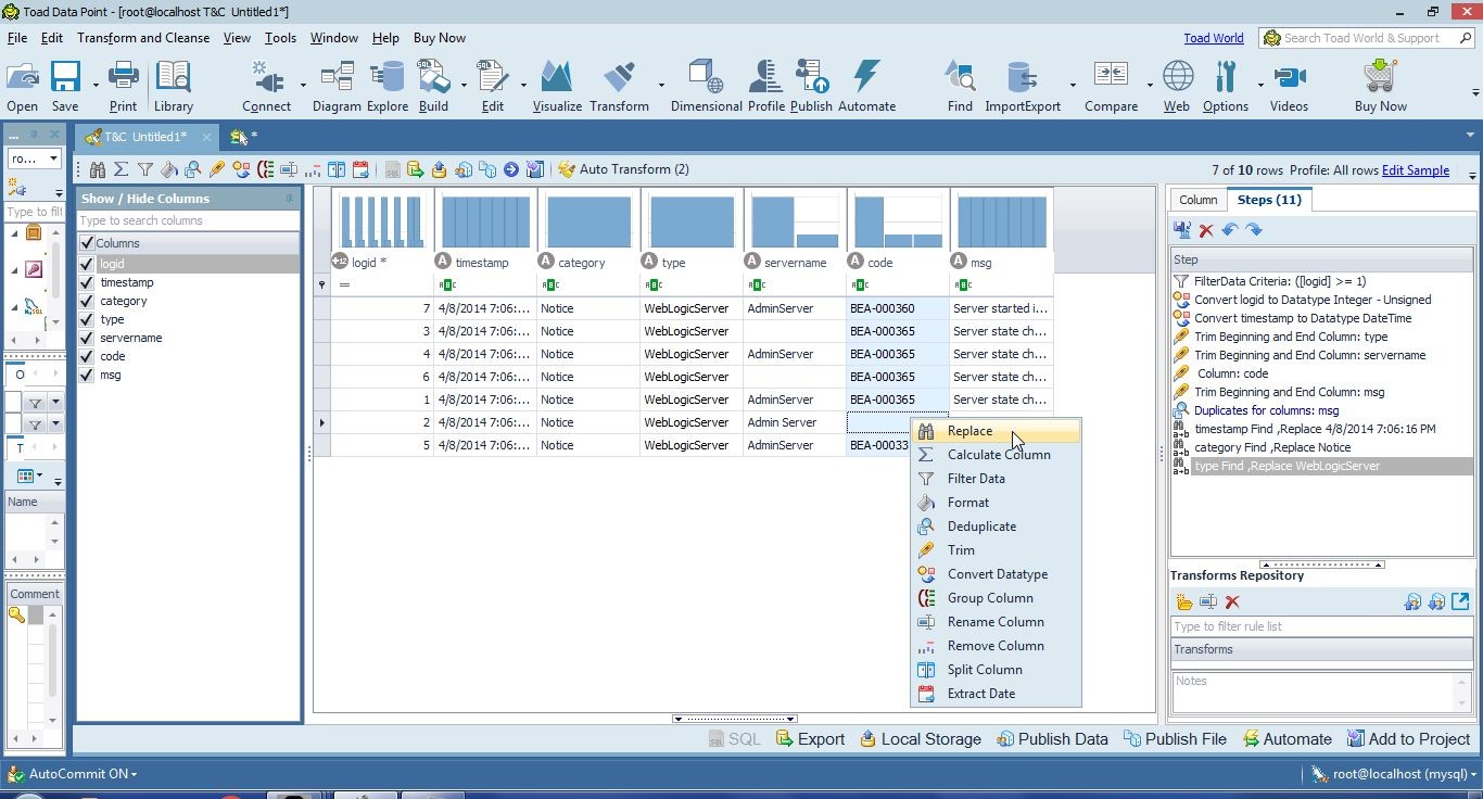 Figure 19. Right-click on the code column and select Replace