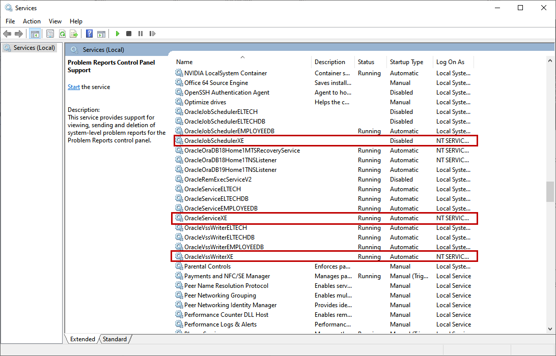 View the Oracle services from within Windows Services MMC