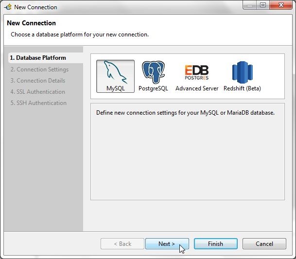 Figure 2. Selecting Database Platform as MySQL