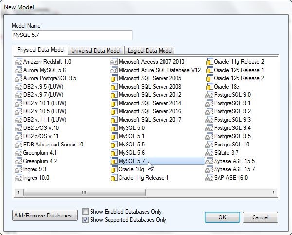 Figure 2. Selecting MySQL 5.7 from the Physical Data Model choices