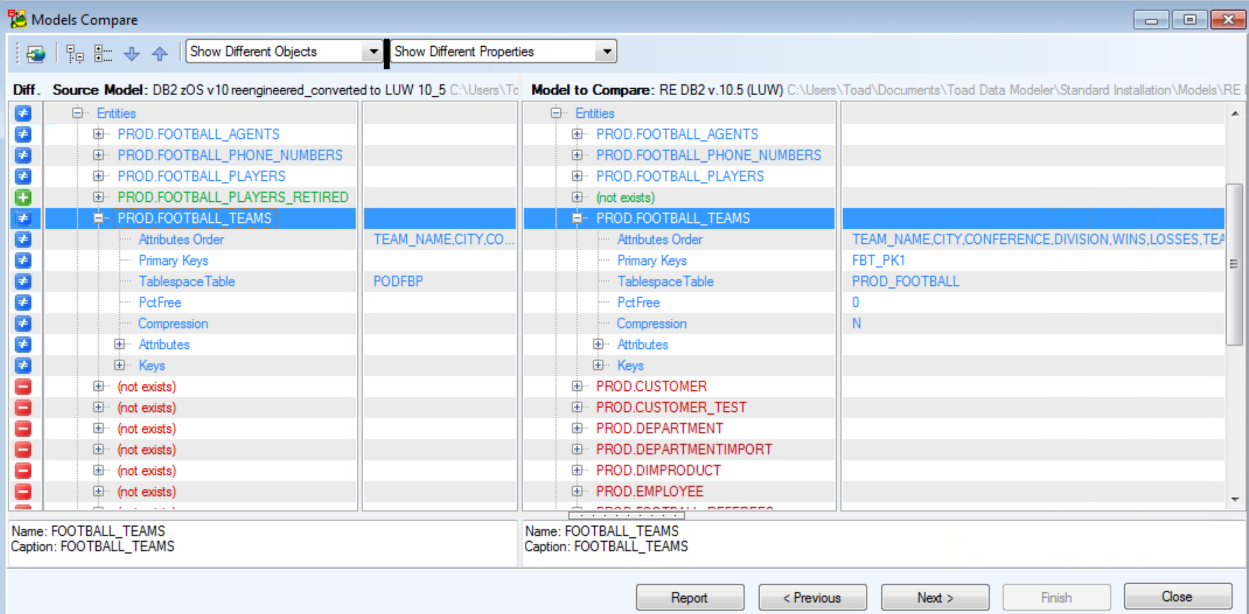 Figure 21.  Expand objects on the report to see specific differences between the two schemas