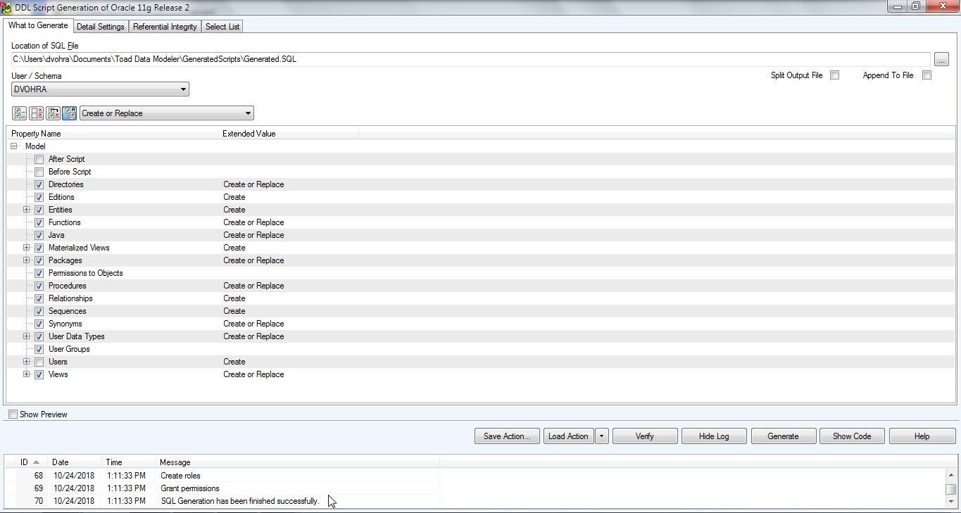 Figure 22. Log Messages, including message that SQL Generation has finished successfully