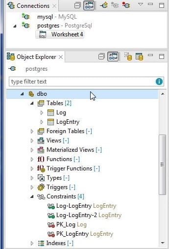 Figure 22. Tables and Constraints added to PostgreSQL