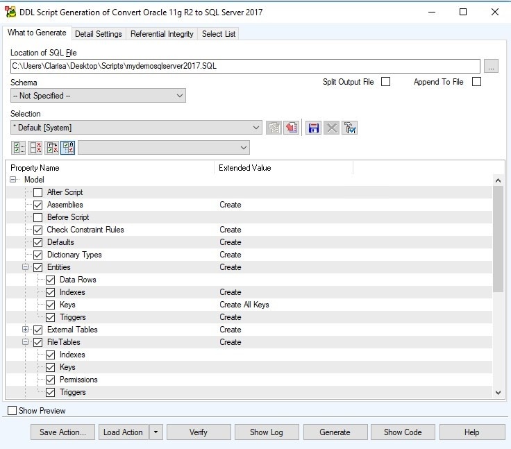 Figure 22. The ‘What to Generate’ tab of the DDL Script Generation Wizard