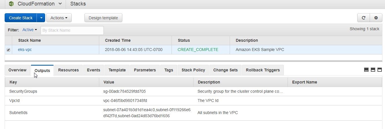 Figure 22. The Outputs tab lists the VPC, Subnets and Security Groups