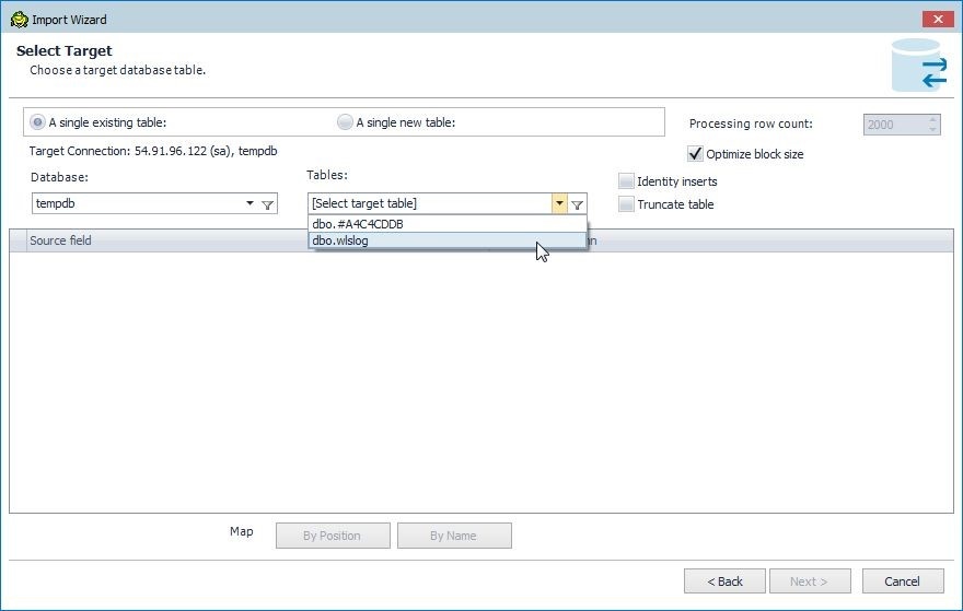 Figure 22. Selecting the target database