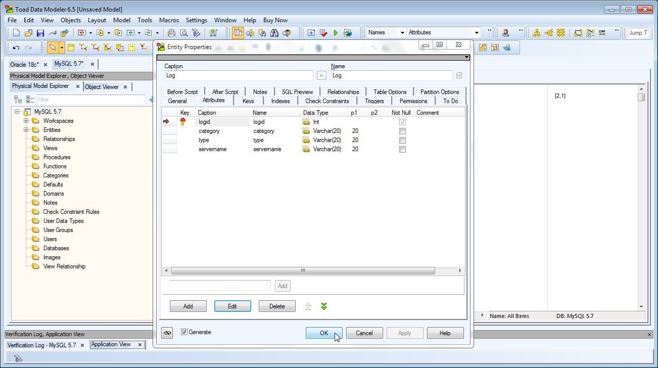 Figure 23. Clicking OK in the Entity Properties window