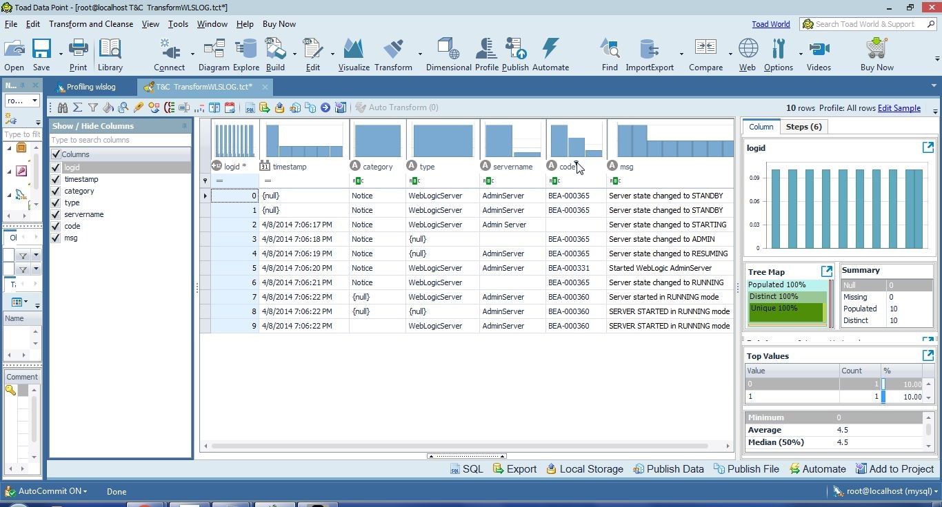 Figure 23. Selecting the Filter Icon for the code column