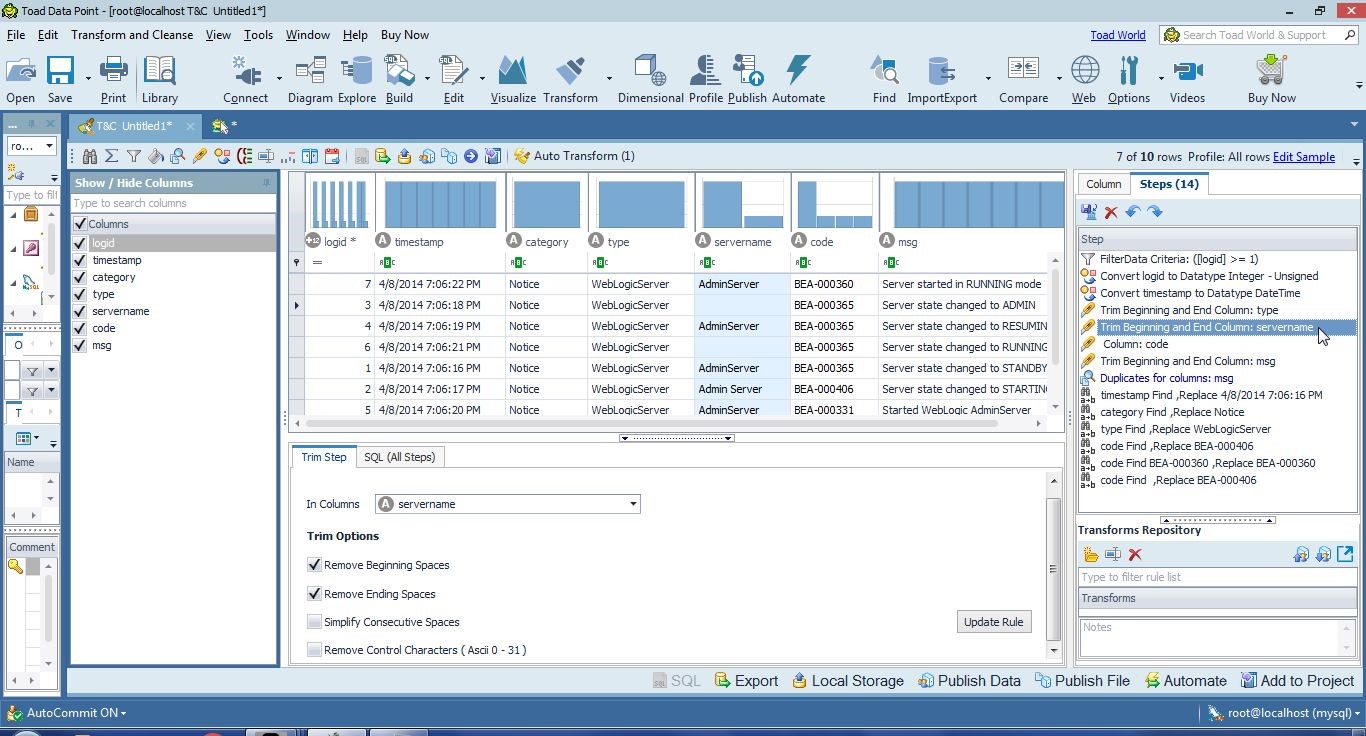 Figure 23. Selecting theTransformation Step to trim the servername column