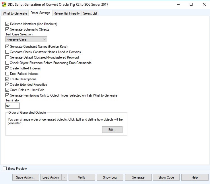 Figure 23. The Detail Settings tab of the DDL Script Generation Wizard