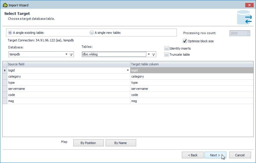 Figure 23. Source field to target table column mapping