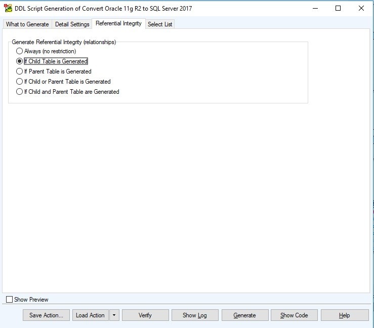 Figure 24. The Referential Integrity tab of the DDL Script Generation Wizard