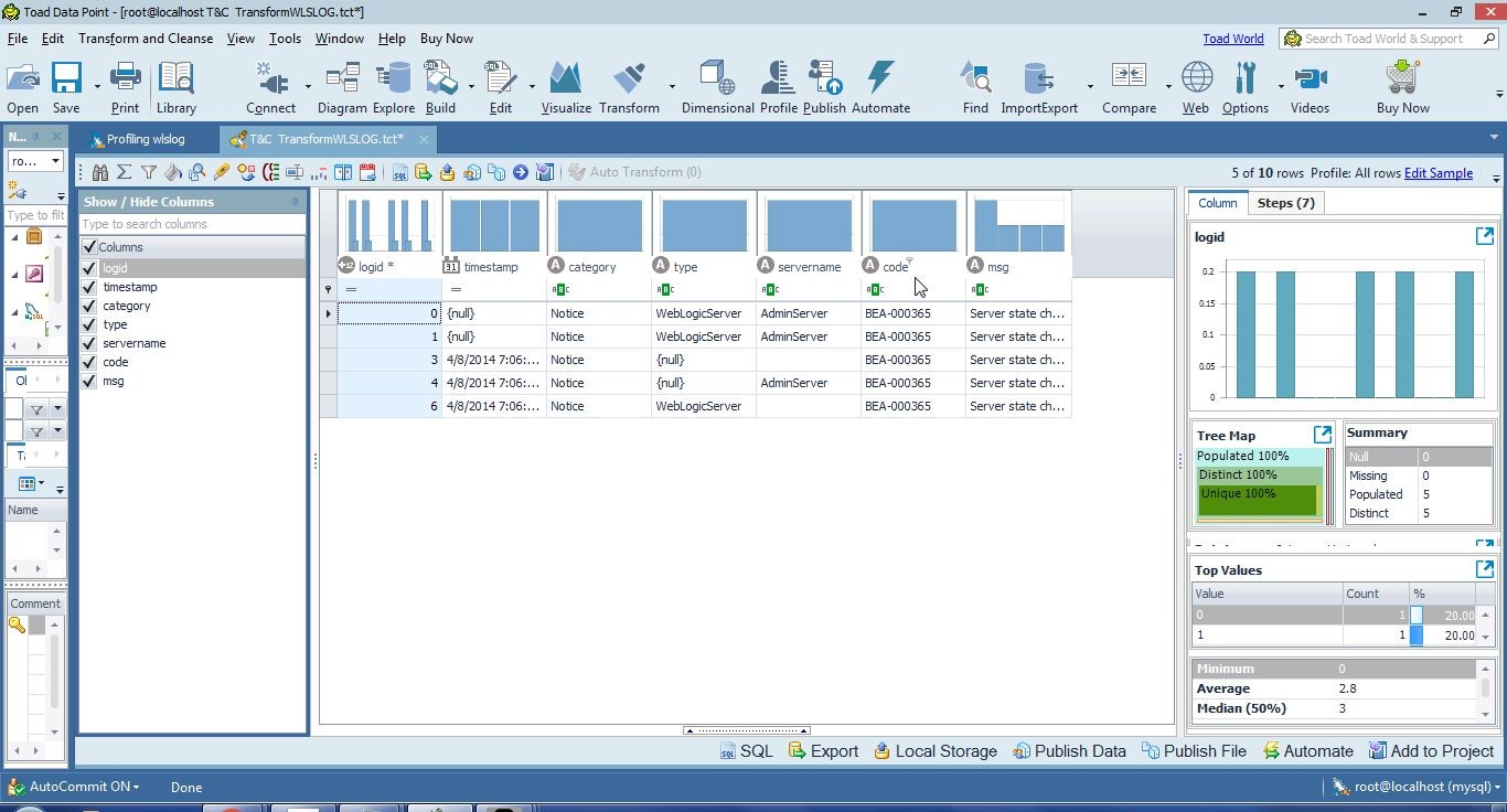 Figure 25. Code Column Values Filtered