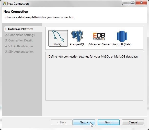 Figure 25. Select MySQL as database platform and click on next