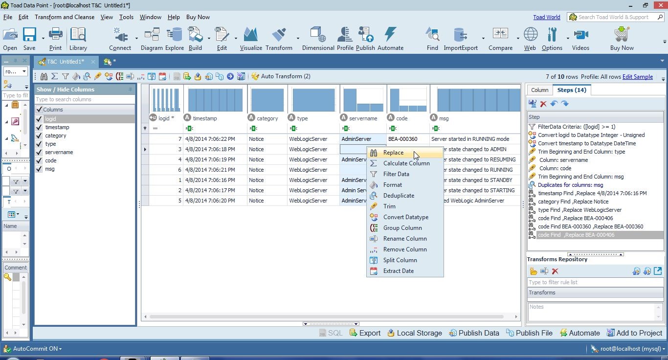 Figure 25. Selecting Replace for servername