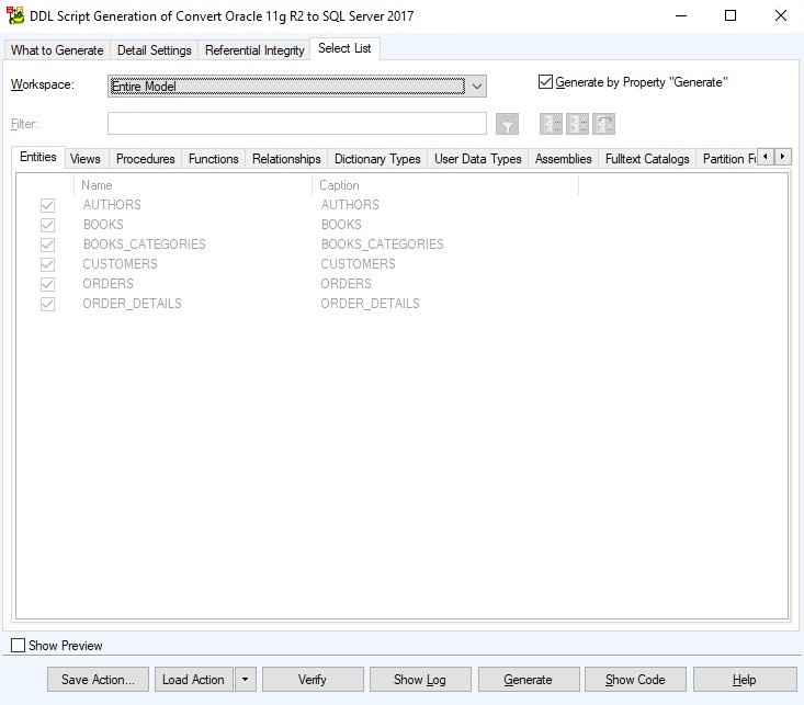 Figure 25. The Select List tab of the DDL Script Generation Wizard