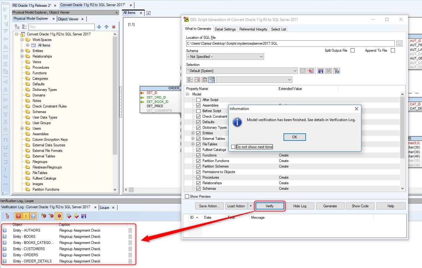 Figure 26. Verifying the model before generating the script