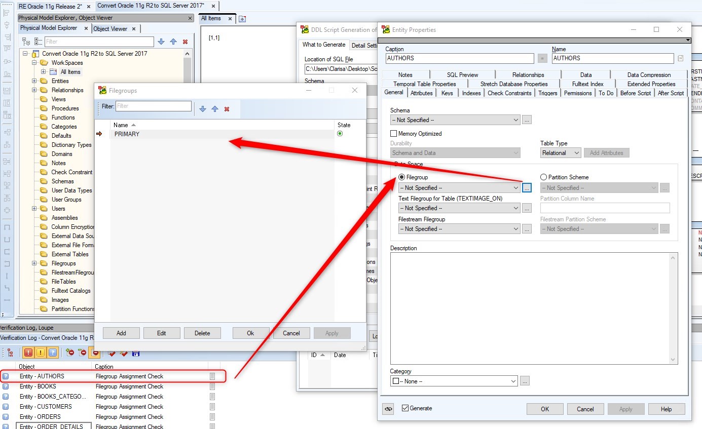 Figure 28. Learning how to implement the hints suggested by Toad Data Modeler - Assigning a Filegroup to an entity.