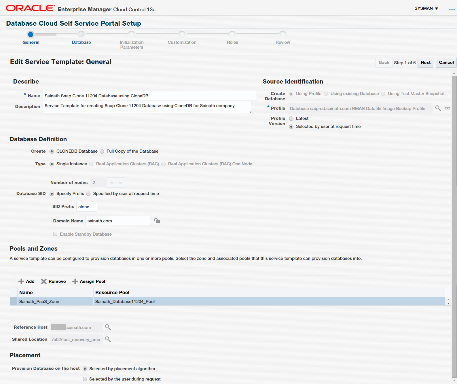 Figure 28. Service Template for Snap Clone Database