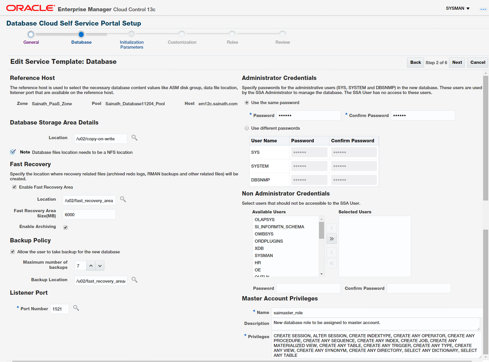 Figure 29. Database Details for Snap Clone Service Template