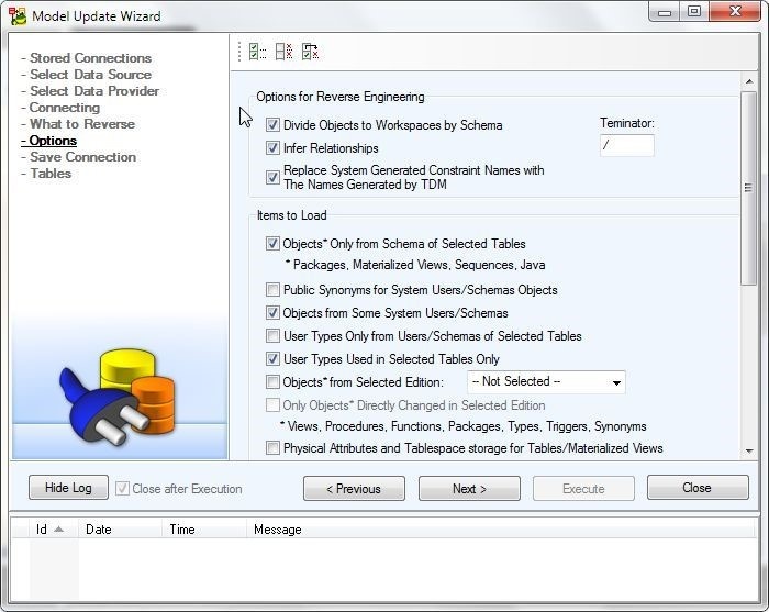 Figure 29. Selecting Options for Reverse Engineering