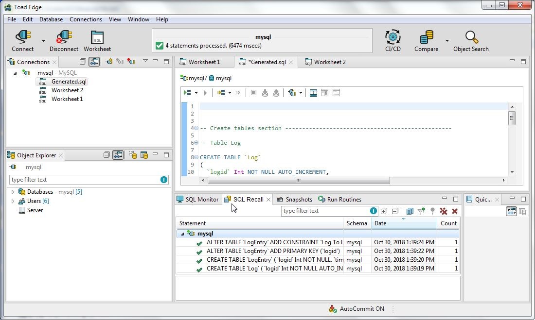 Figure 29. The SQL Recall view lists which DDL statements got processed