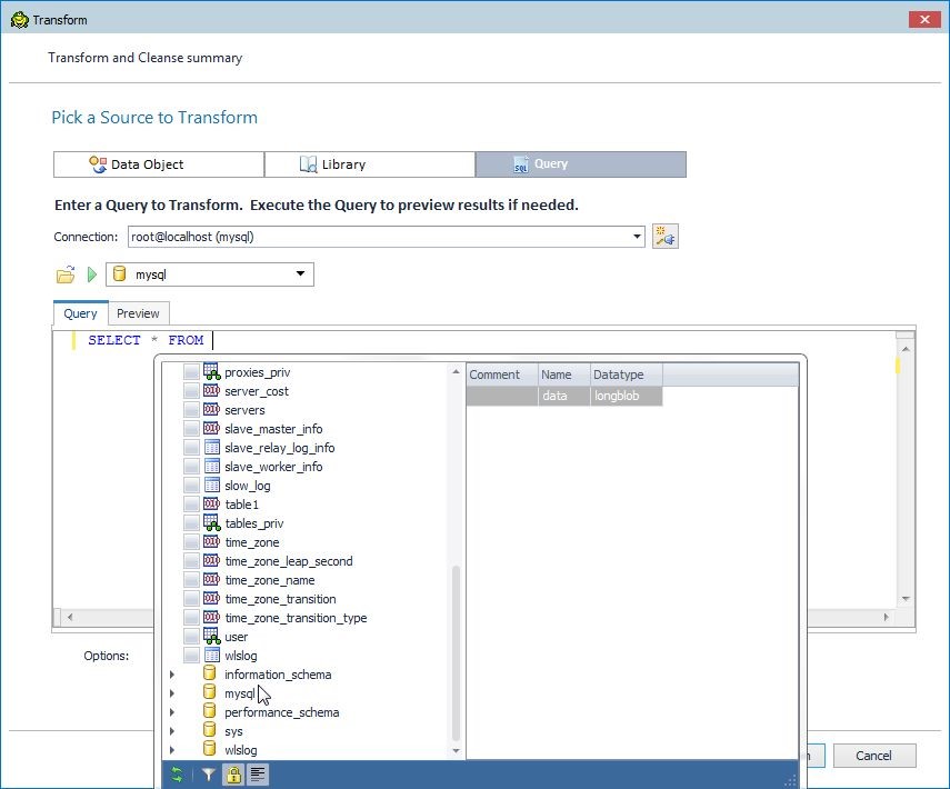 Figure 3. Adding a query, selecting the database 'mysql'