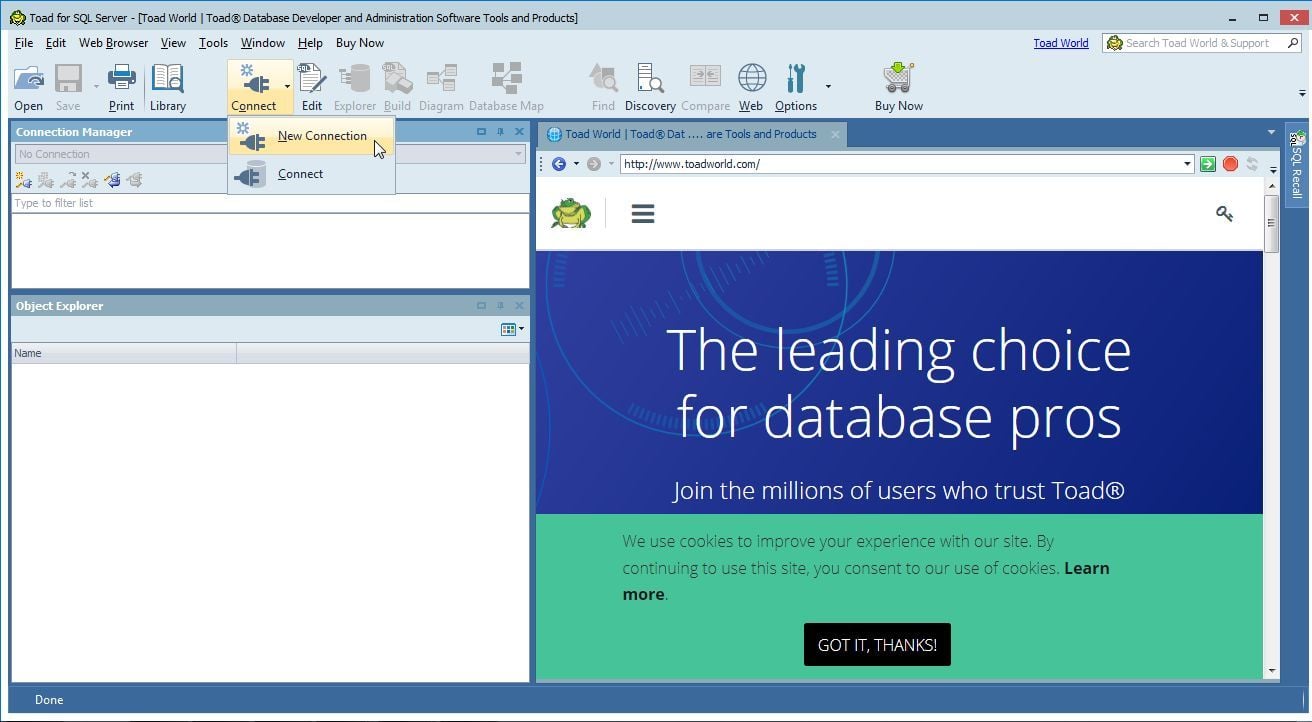 Figure 3. ConnectNew Connection in the Toad developer tool.