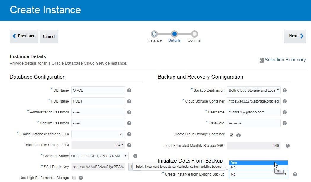 Figure 3. Setting Create Instance from Existing Backup to Yes