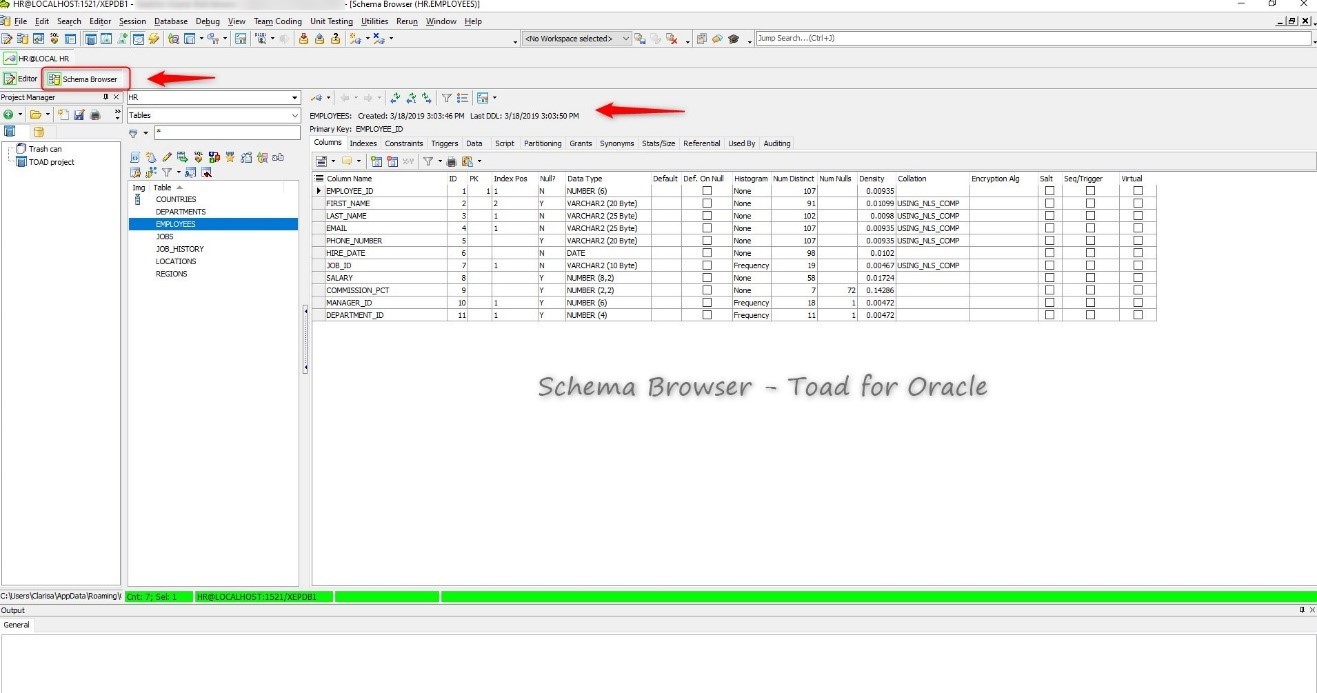 Schema Browser in Toad for Oracle