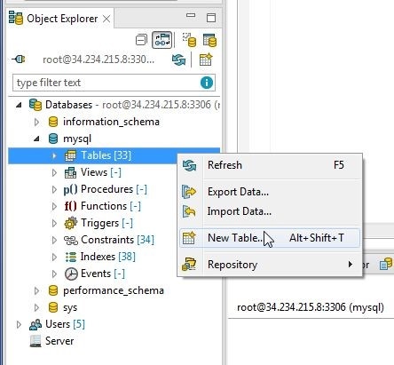 Figure 31. Choosing mysql to Tables to New Table