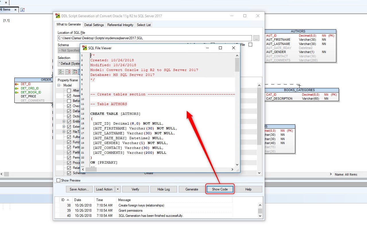 Figure 31. Clicking on the Show Code button brings up SQL File Viewer window