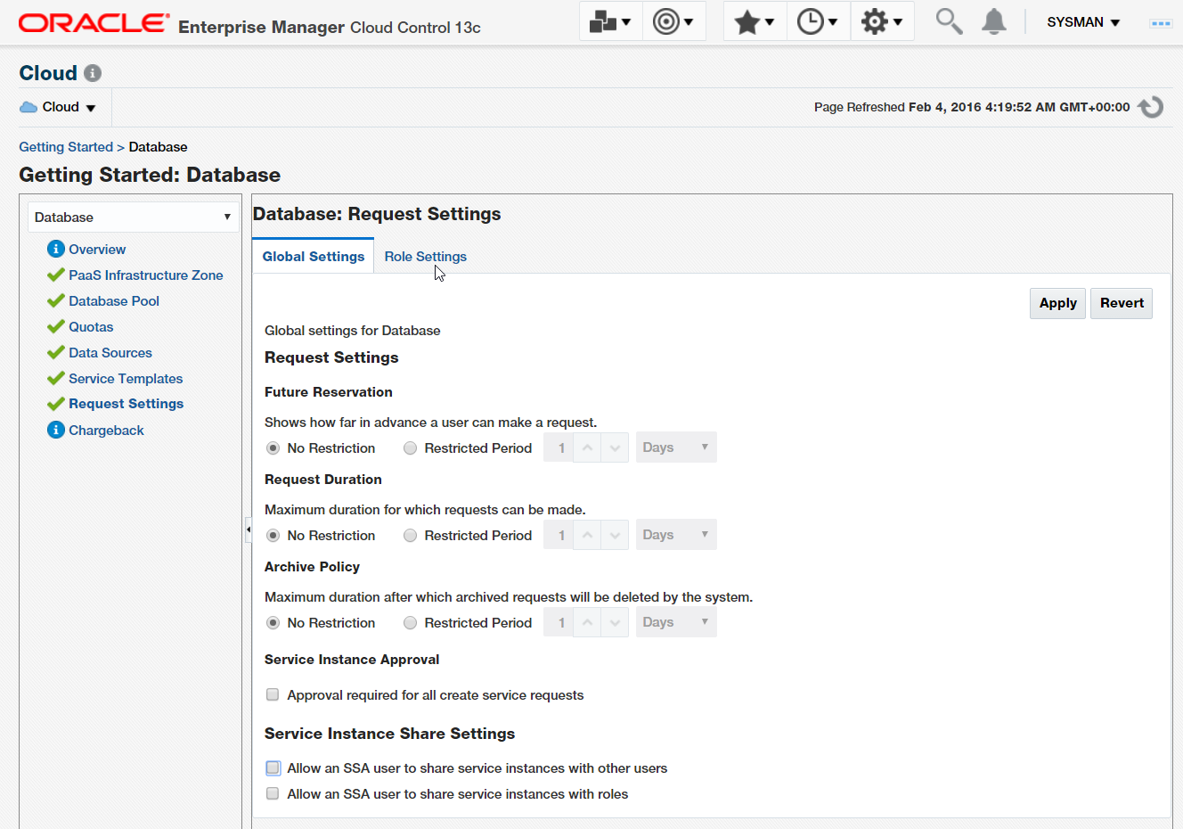 Figure 31. Global Request Settings for Database