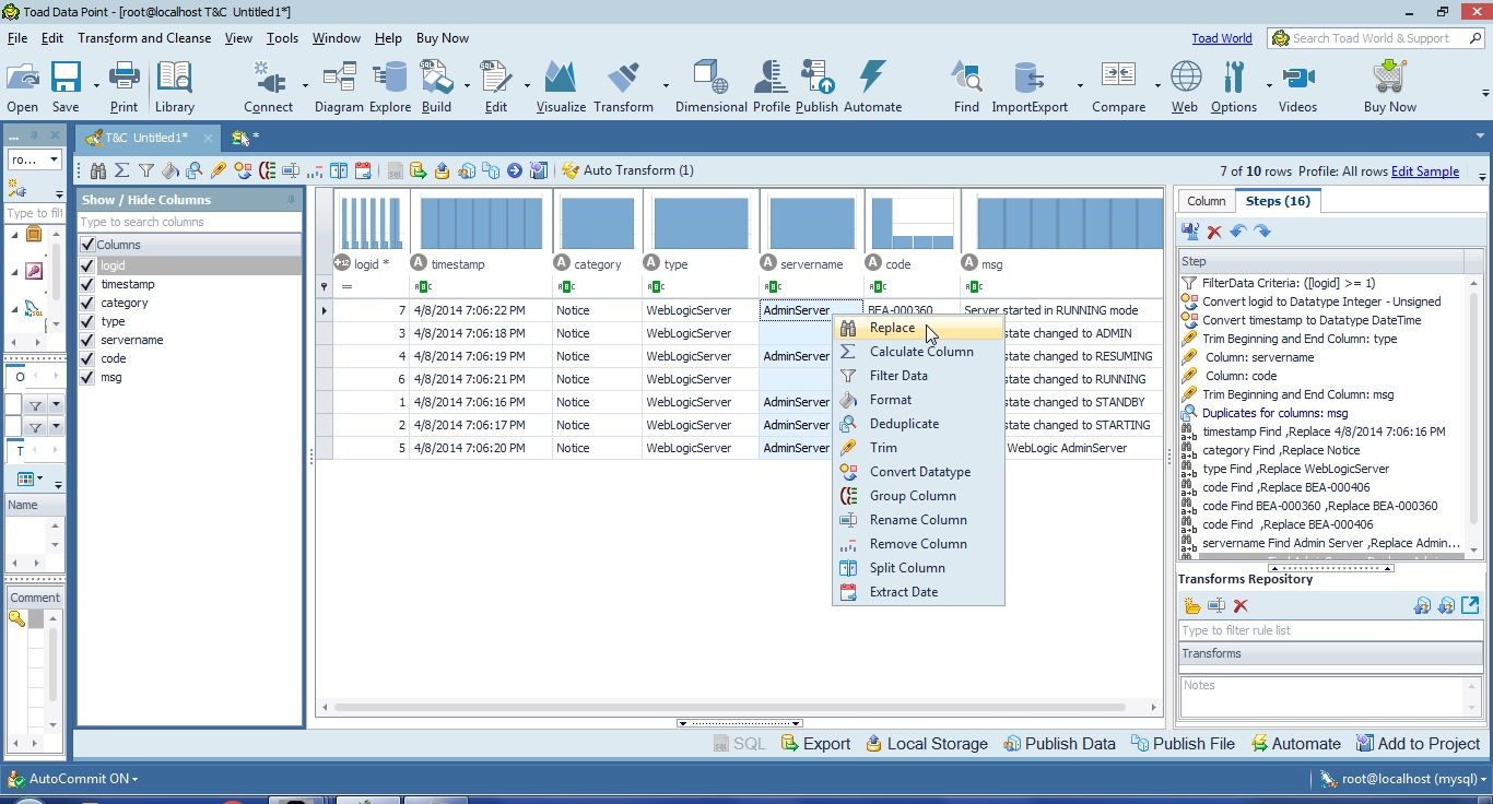 Figure 31. Selecting Replace for servername