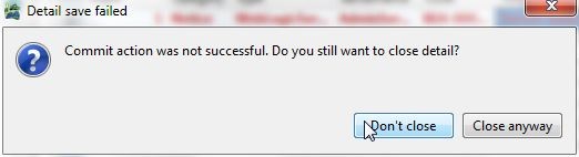 Figure 32. Error message shows that the commit action was not successful