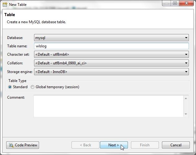 Figure 32. Specifying table name and clicking next