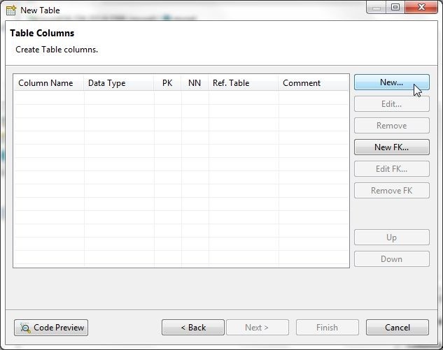Figure 33. Clicking on 'New' in the Table Columns window