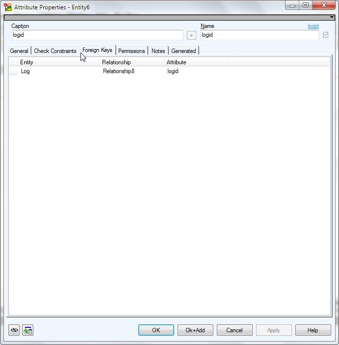 Figure 33. the Foreign Keys tab lists the relationship to the logid attribute of the Log entity