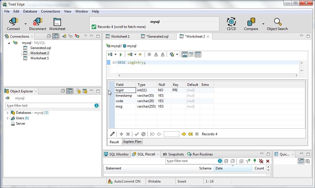 Figure 34. DESC command output for LogEntry Table