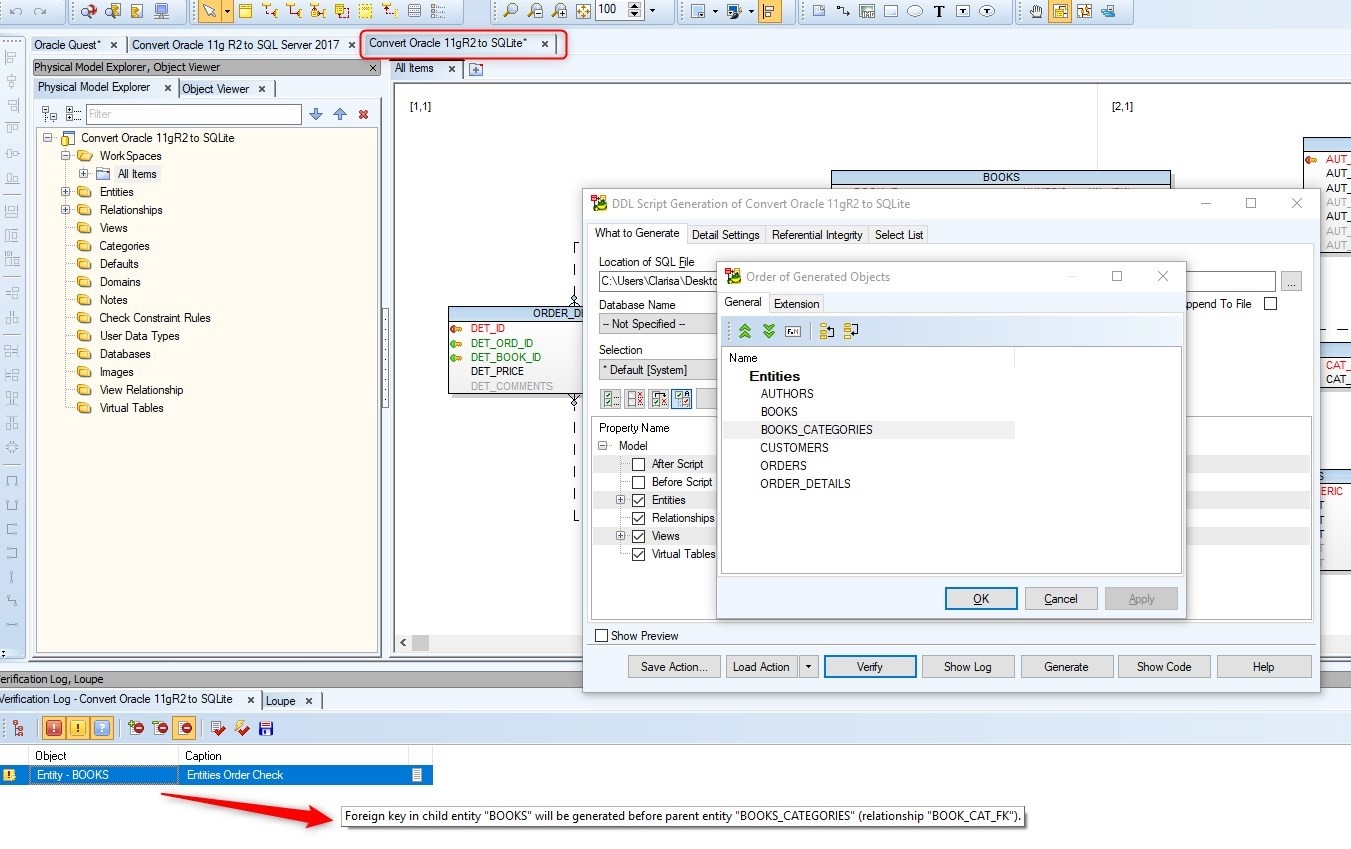 Figure 34. Learning how to solve warning messages shown in the Verification Log Tab - Error message indicates we must reorder entities.