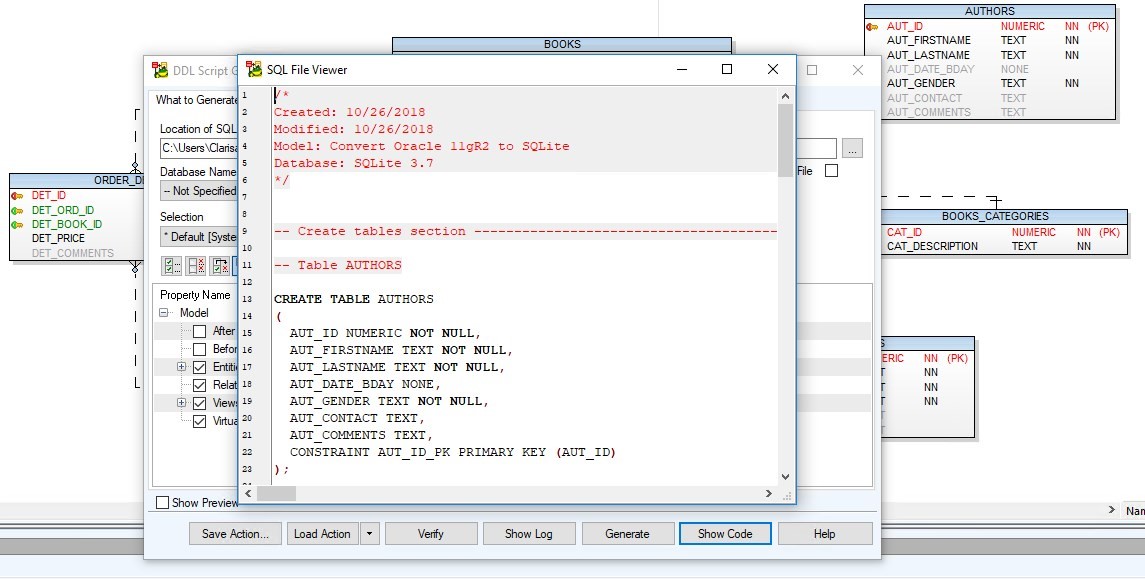 Figure 35. Generating the script for SQLite database