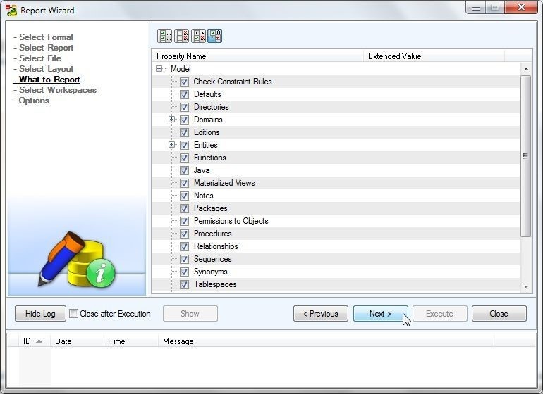 Figure 35. Selecting What to Report by tickinng checkboxes for properties