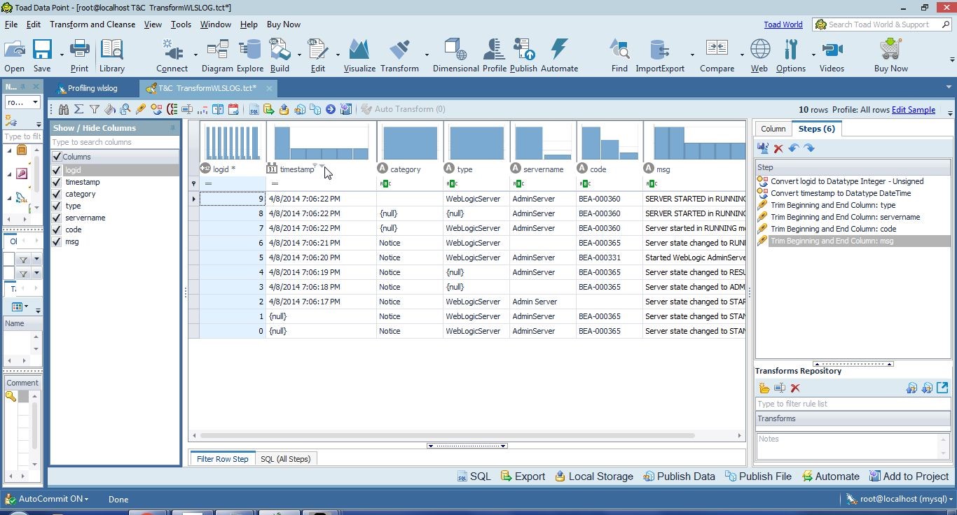 Figure 35. Timestamp values in descending order