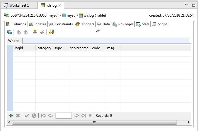 Figure 38.  wlslog Table Columns and other table components