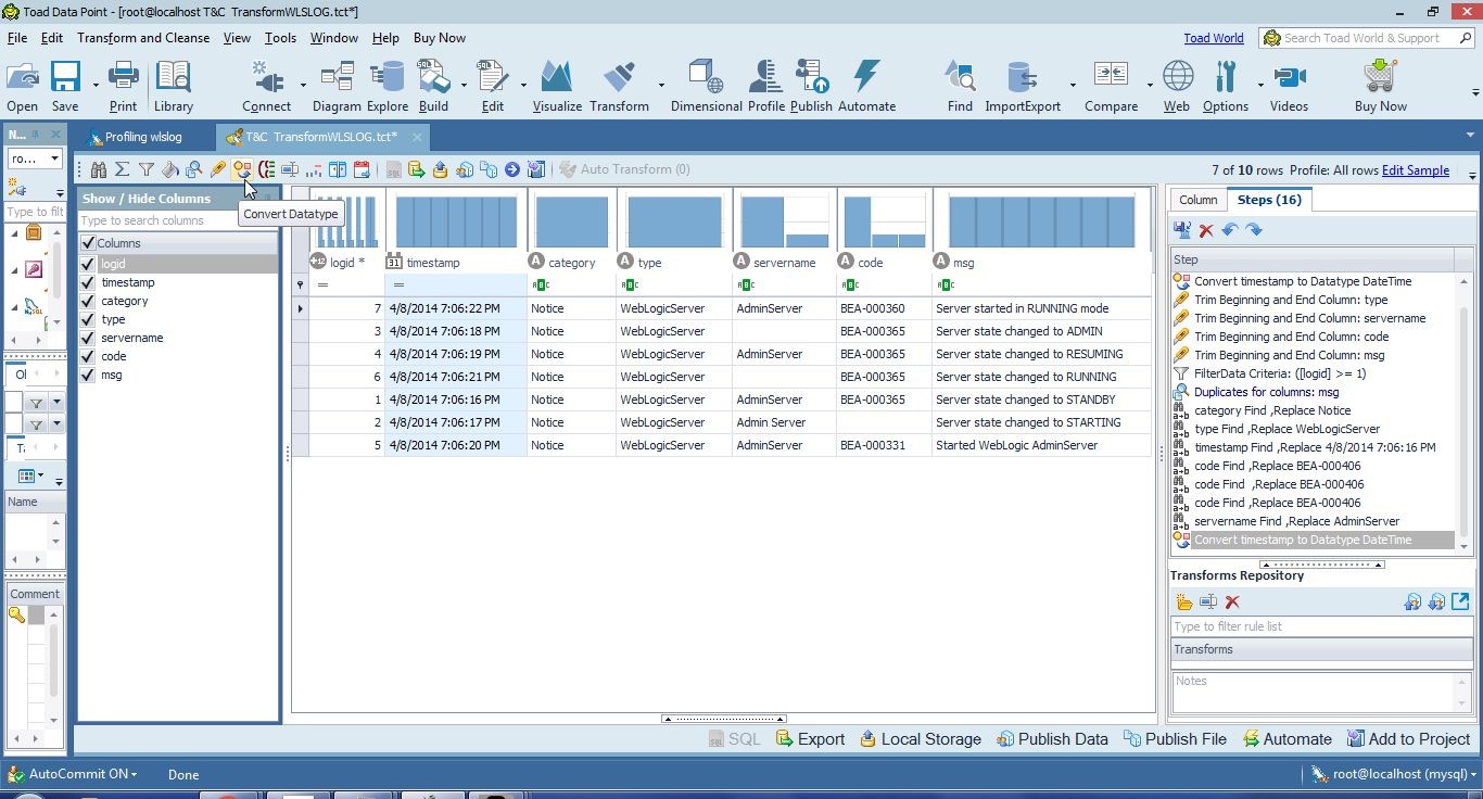 Figure 38. Selecting Convert Datatype in the toolbar