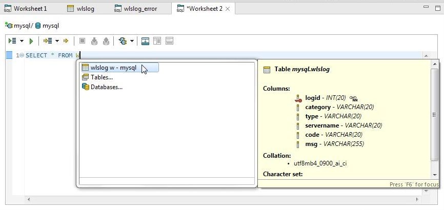 Figure 38. Selecting Table wlslog